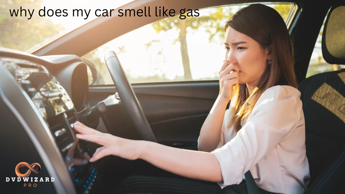 Concerned woman in a car holding her nose, questioning 'why does my car smell like gas,' as she adjusts the air controls, indicating a possible fuel odor inside the vehicle