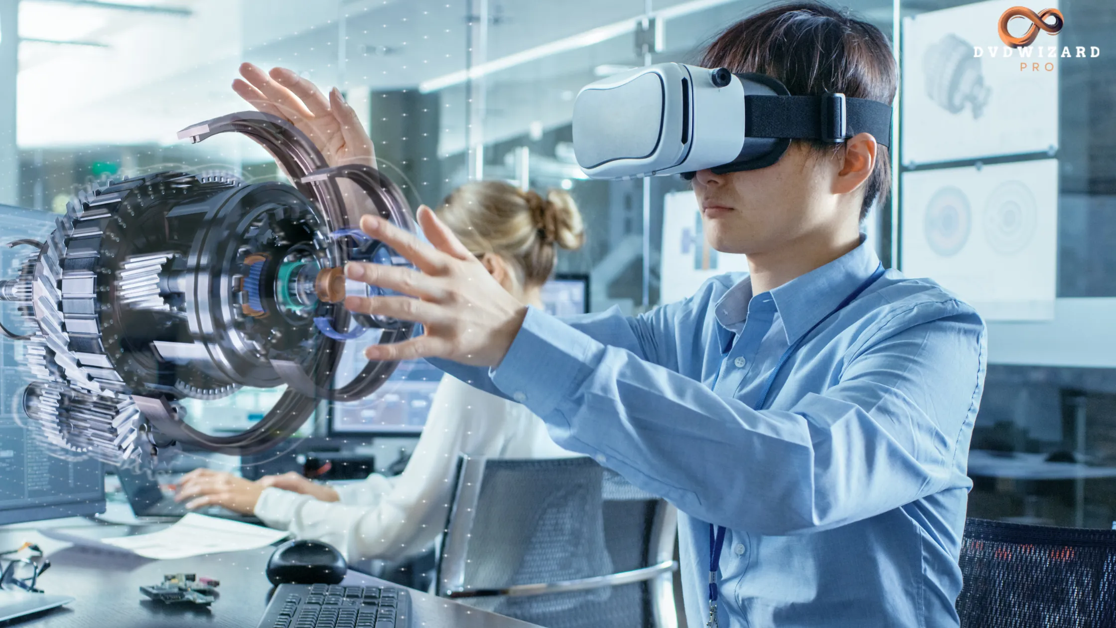 A person using VR headset to interact with a holographic object in a tech-savvy environment.