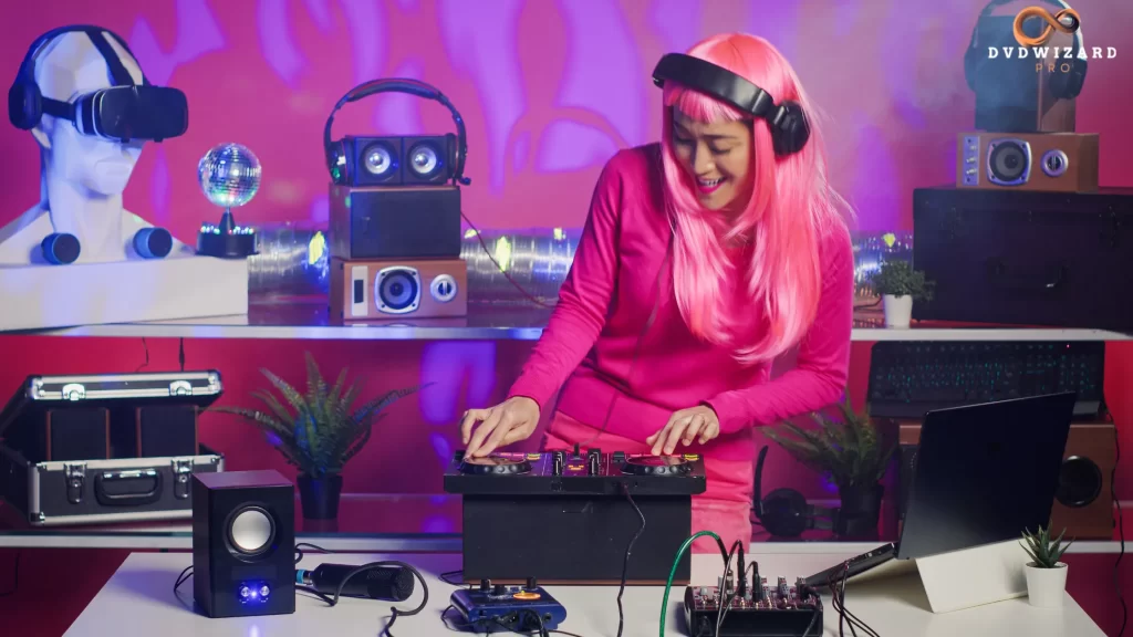 A DJ in a pink outfit using technology for virtual music mixing and entertainment.