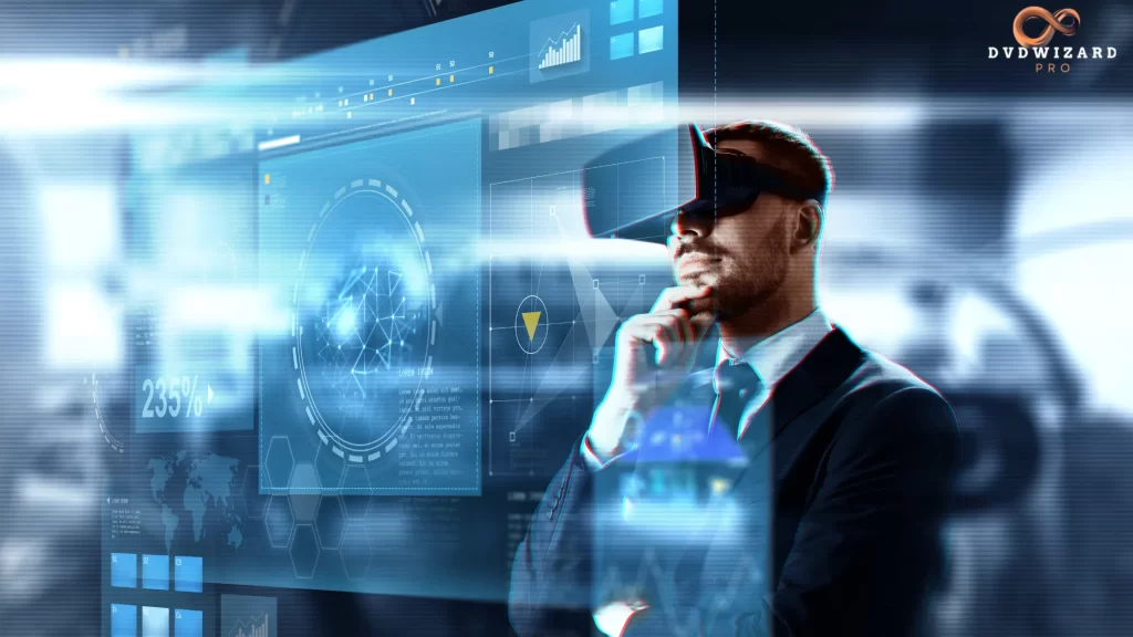 A person in a business suit exploring a virtual interface with VR glasses.