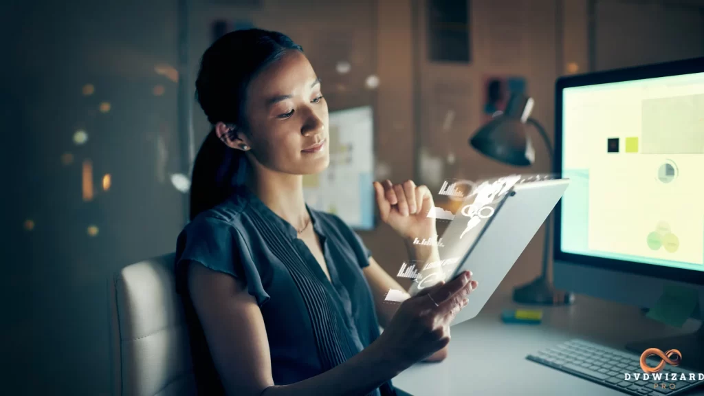 A woman interacts with a digital tablet showcasing advanced technology and data analysis tools, using cutting-edge resources for education.