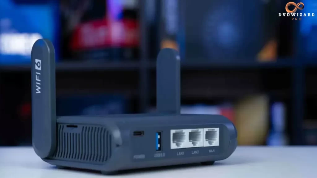 GLiNet WiFi 6 travel router featuring multiple Ethernet ports, USB, and antennas for optimized network hacking.